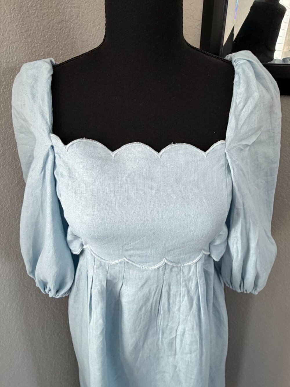 MABLE Scalloped Blue Linen Midi Dress Puff Sleeves Small - Picture 9 of 14